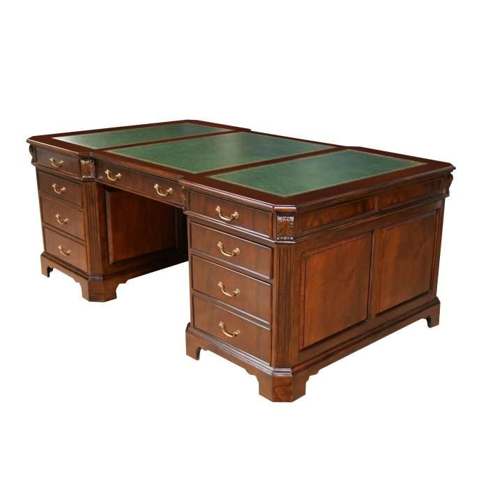 Large Mahogany Green Leather Partner Desk