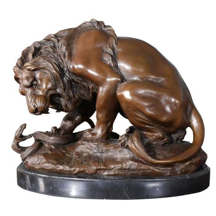 Bronze Lion and Snake on Marble Base
