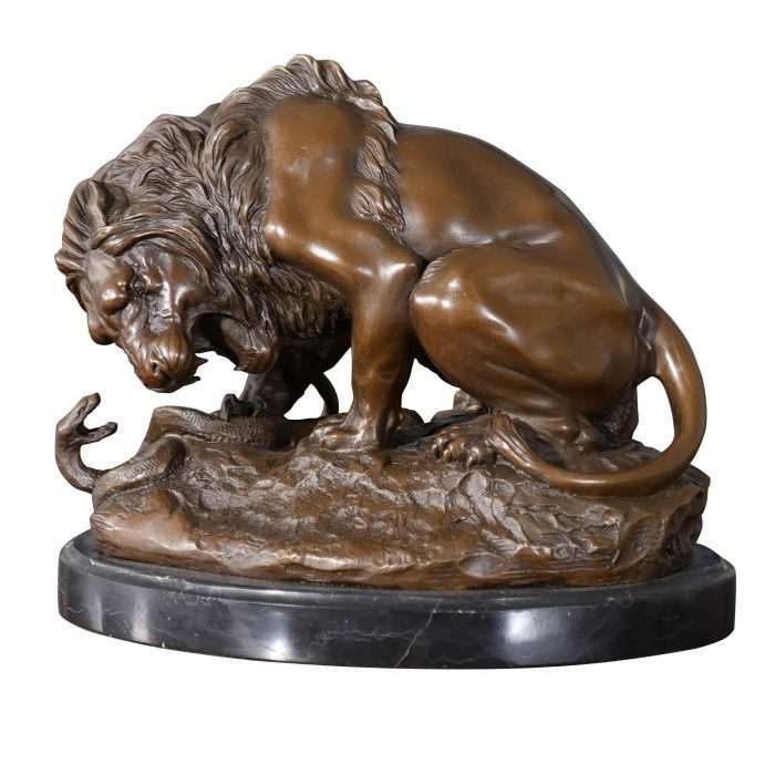 Small Bronze Lion and Snake on Marble Base