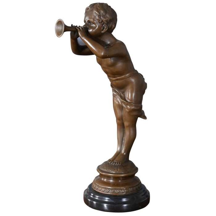 Bronze Boy with Bugle on Marble Base