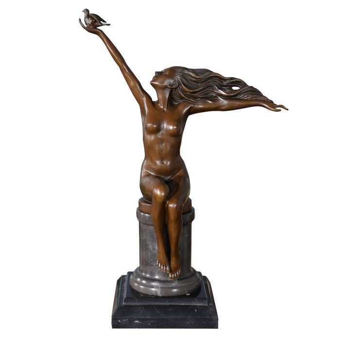 Bronze Girl with Bird on Marble Base