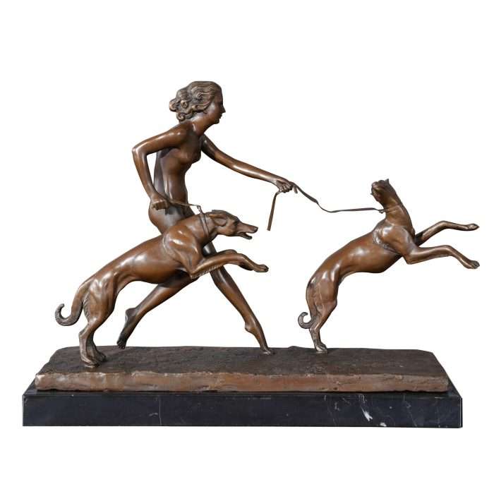 Bronze Girl with Dogs on Marble Base