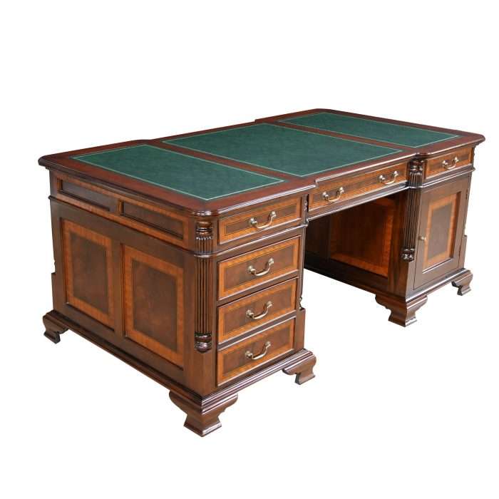 Green Leather Banded Mahogany Partners Desk